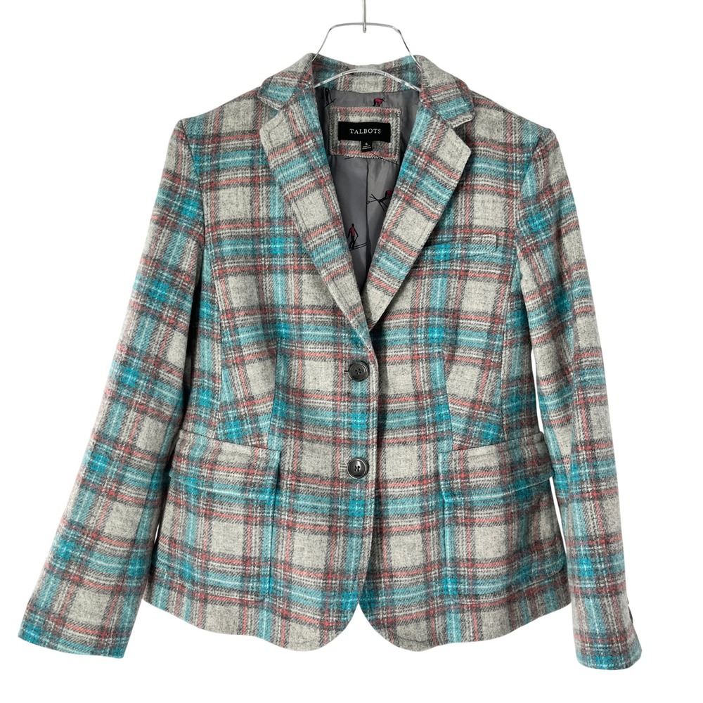 NWT Talbots Gray Blue Peach Plaid Wool Shetland Blazer Size 6 Preppy Academia